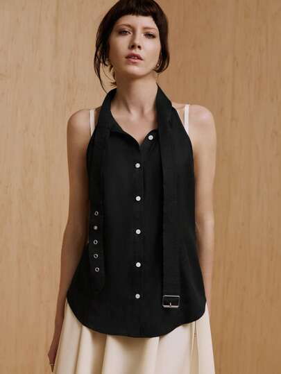 MONSE Designer Business Casual Belted Button-Down Halter-Neck Top, For Summer, Holiday, Vacation, Spring, Beach, Going Out, Festival, Ibiza Fits, Office