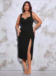 SHEIN BAE Plus Size Women's Solid Color Summer Elegant Sleeveless Wide Strap Midi Slit Dress,Birthday Dresses For Women - Black - View 5