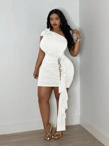 Slaydiva Robe marron à épauler unique, ajustée et élastique, avec chaîne décorative et volants, taille L, élégante et Top de gamme, grande taille
