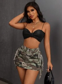 SHEIN SXY Gonna In Denim Con Frange E Stampa Mimetica