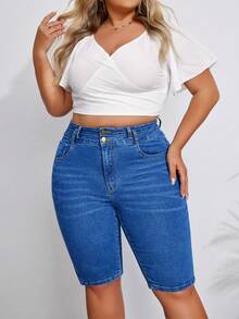 SHEIN LUNE Shorts de mezclilla de talle alto para tallas grandes - Azul lavado medio - Ver 6