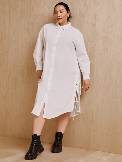 MONSE Designer Plus Side-Laced Button-Down Shirt Dress, Elegant Dress, For Holiday, Party, Vacation Outfit, Birthday Outfits, Spring & Summer, Beach, Festival, Ibiza Fits, Wedding, Prom Dress
