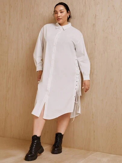 MONSE Designer Plus Side-Laced Button-Down Shirt Dress, Elegant Dress, For Holiday, Party, Vacation Outfit, Birthday Outfits, Spring & Summer, Beach, Festival, Ibiza Fits, Wedding, Prom Dress