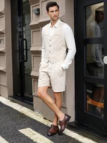 Manfinity VCAY Herren 2-teiliger Anzug aus ärmellosem Jacquard-Weste und Shorts, mit V-Ausschnitt und Knopfleiste. Geeignet für Business oder Lässig Kleidung im Frühling und Sommer