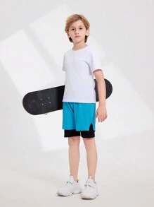 Tween 男童休闲运动短裤，蓝色二合一设计，透气吸湿排汗，时尚，适合跑步和锻炼 - 藍色 - 查看 5
