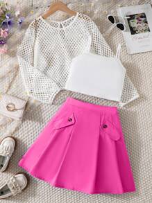 SHEIN 3入組少女網眼鉤花短上衣+吊帶背心+百褶裙套裝 - 玫紅色 - 查看 1
