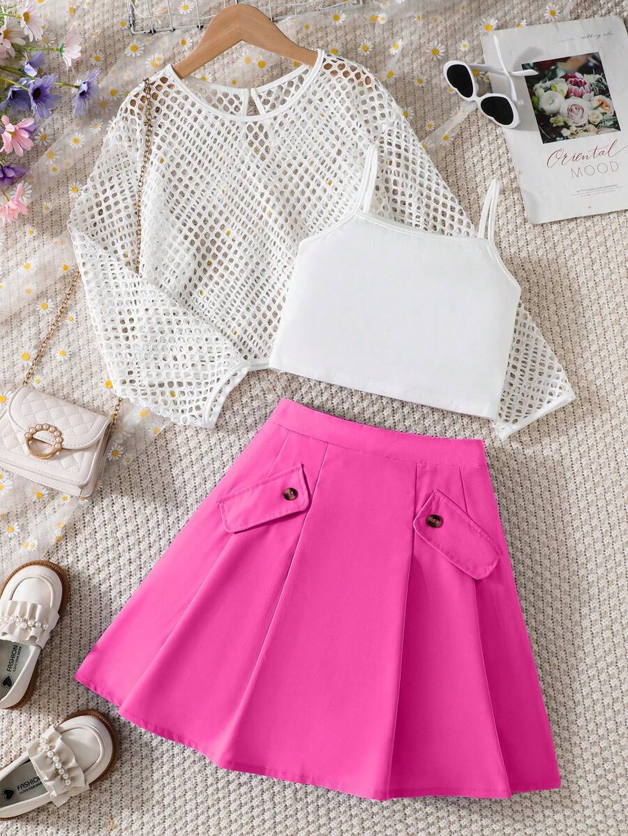 SHEIN 3入組少女網眼鉤花短上衣+吊帶背心+百褶裙套裝 - 玫紅色 - 查看 1