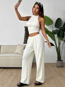 SHEIN EZwear 米色針織女式短上衣＆寬腿褲套裝，無袖領口頸掛領且休閒 - 杏色 - 查看 6