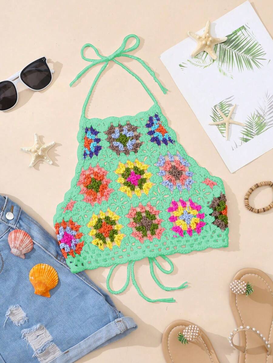 SHEIN Swim 花卉图案系带露背吊带罩衫 夏季 - 彩色 - 查看 1