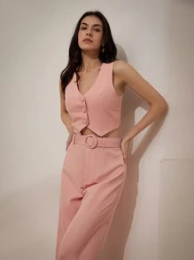 SHEIN BIZwear Chaleco rosa elegante para mujer de unicolor con cinturón ancho en la cintura, traje elegante para el estilo de oficina - Rosa - Ver 3