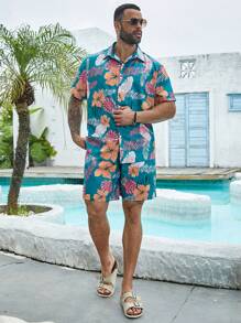 Manfinity RSRT Plus Men Tropical Print Shirt & Shorts - Green - View 5