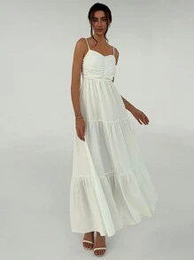 Aloruh White Romantic Vacation Dating Spaghetti Strap Ruched Waist Umbrella Dress With Backless Tie For Women, Spring & Summer - White - View 8