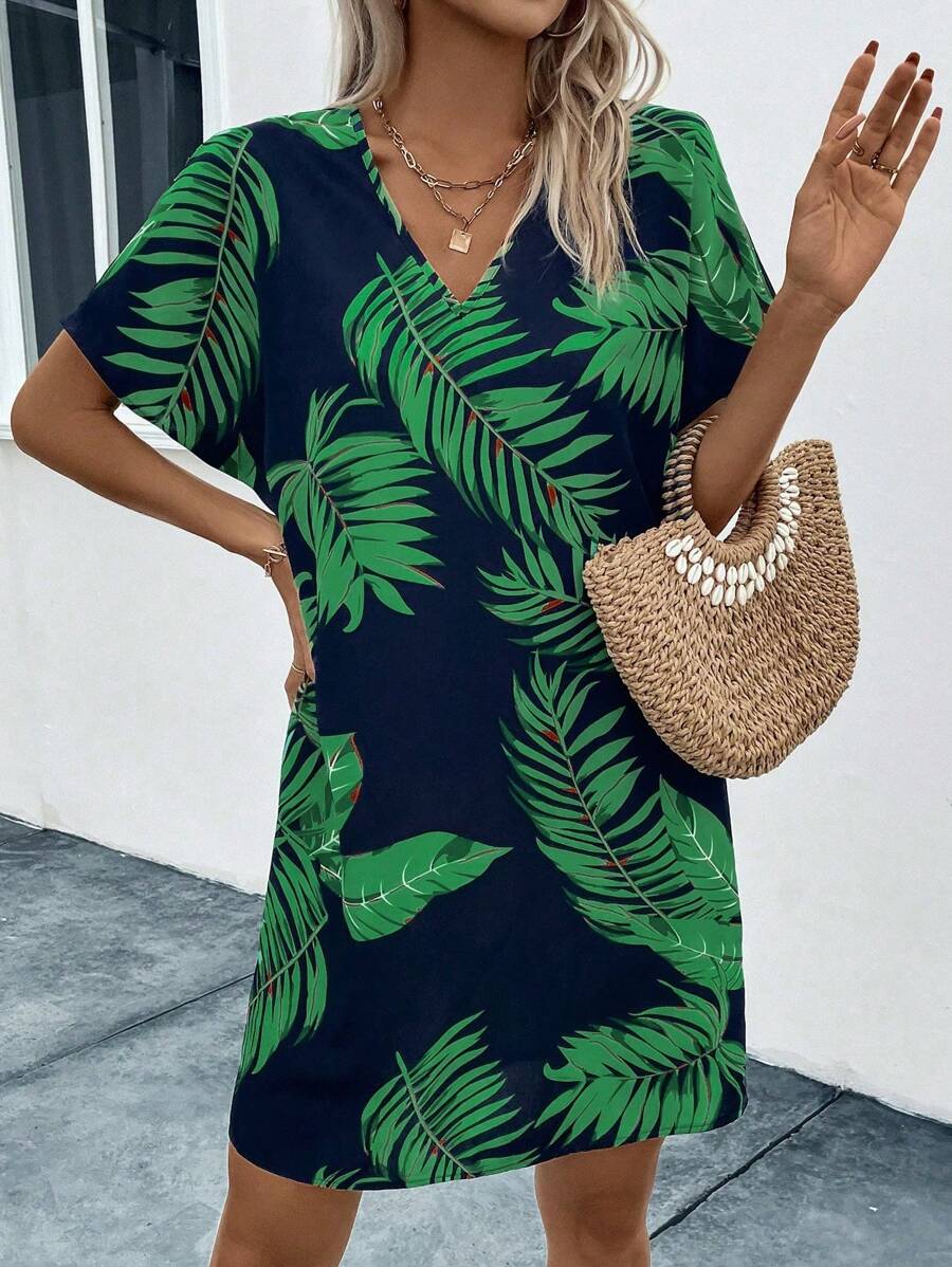 Breezaya Vestido túnica con manga murciélago y estampado tropical para el verano