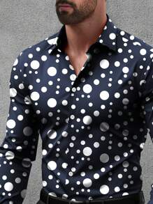 Camisa de vestir de manga larga con estampado de lunares, cuello de solapa, para viajes de negocios, para hombres en primavera y verano - Azul Marino - Ver 3