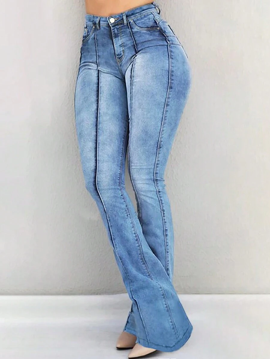 女士性感弹力喇叭牛仔裤 - 舒适百搭的款式 - 淺色水洗藍 - 查看 1