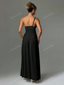 WOWDARK Women's Solid Color Oblique Shoulder Ruched Slit A-Line Dress, Autumn