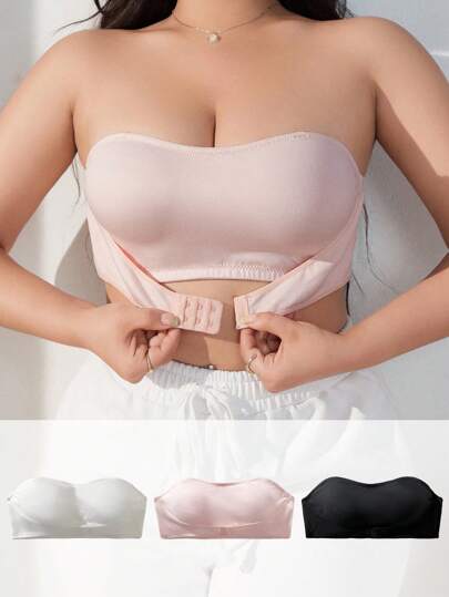 SHEIN 3pcs/Set Plus Size Women's Solid Color Front Closure Wireless Tube Bra Strapless Bra Set
