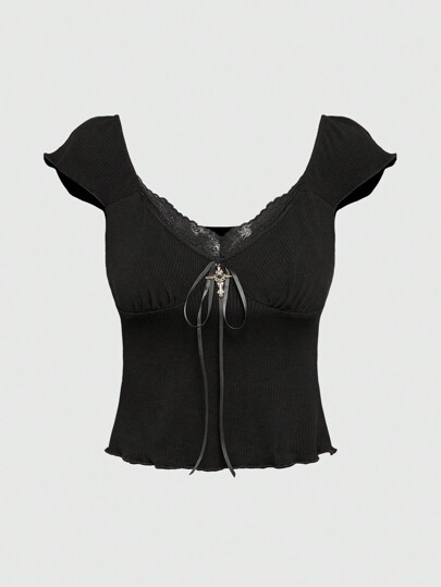 Gothic All-Match Cross Pendant Metal Decorated Collar Contrast Lace Women' Tight Short T-Shirt