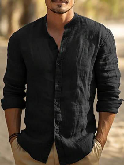 男士春夏纯色立领长袖休闲/办公衬衫，适合秋季