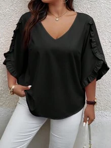 Calvaya Blusa de verano con mangas de pétalos y ribete de volantes para tallas grandes