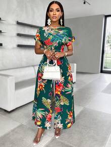 SHEIN Slayr Random Floral Print Split Hem Long Blouse - Green - View 6