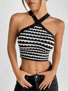 SHEIN EZwear Summer Cross Neck Black & White Striped Knitted Top