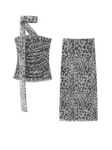 INAWLY Leopard Halter Top & Draped Side Skirt - Grey - View 4