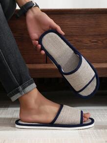 Fall/Winter Seasonal Linen Slippers For Men, Summer Home Anti-Slip Linen Fabric Silent Indoor Slippers, Sweat-Absorbent - Navy Blue - View 6