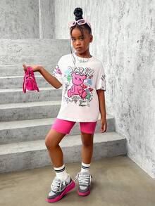 SHEIN Tween女孩時尚運動針織短袖圓領上衣和短褲套裝 - 彩色 - 查看 2