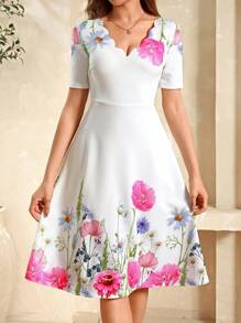 SHEIN Clasi Vestido elegante estampado floral para mujer con cuello quemado y dobladillo en línea A - Multicolor - Ver 6