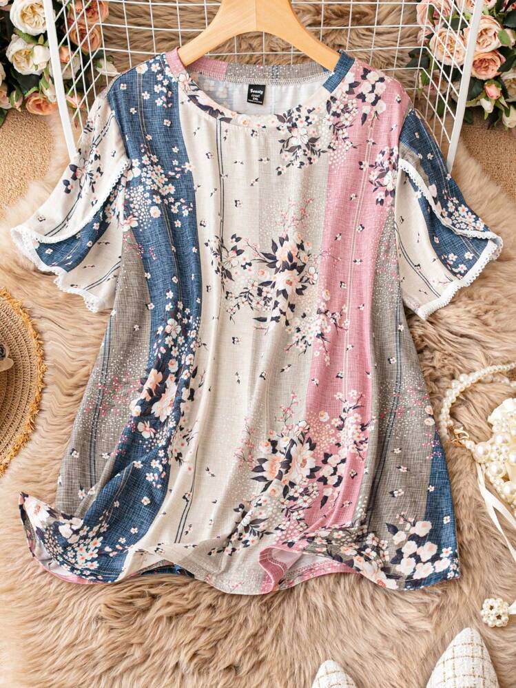Maglietta Estiva Donna Girocollo Con Motivo Floreale - Top Maniche Corte Vestibilità Regolare Streetwear