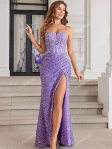 Lilac Sparkly Lace Mermaid Formal Evening Dress With High Slit Luxury Sequin Prom Party Gown Woman Formal Ball Gown Elegant Wedding Guest Dress, For Graduation, Dinner