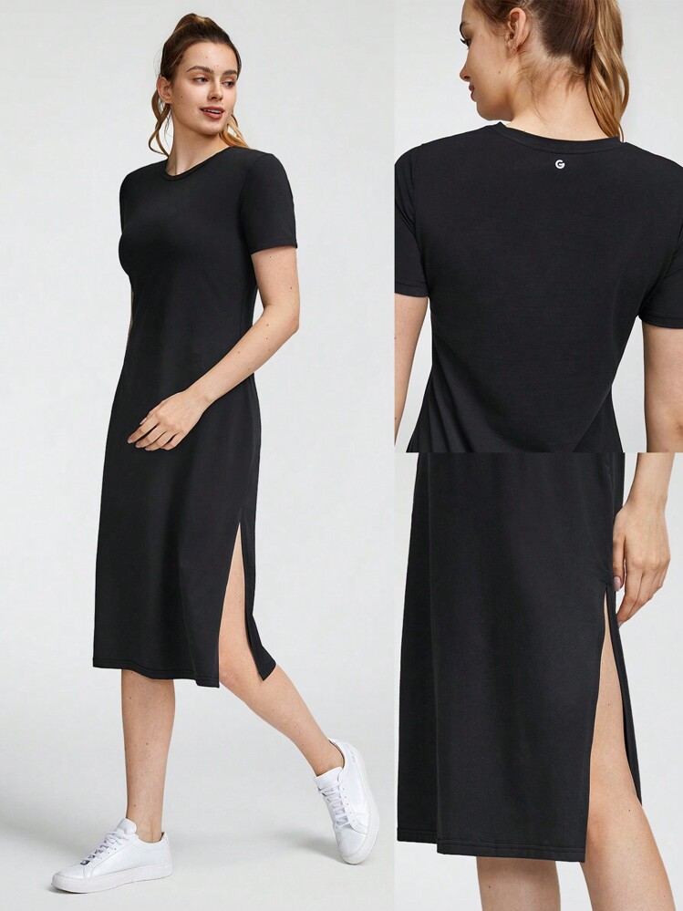 GLOWMODE Pima Cotton Side Slit Midi Dress Daily Casual - Black - View 7