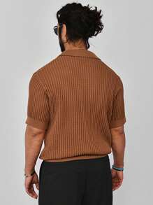 Camisa de punto casual de manga corta con cuello polo de unicolor para hombre, atuendo de negocios - Marrón - Ver 5