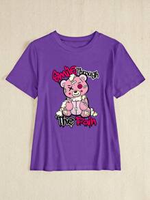 BamGleam 修身女式休闲短袖 T 恤，舒适，圆领，时尚印花女式夏季 T 恤，街头潮流，带有熊图案和“Smile Through The Pain”文字 Smile Through The Pain 图案 T 恤女式上衣 - 紫色 - 查看 6