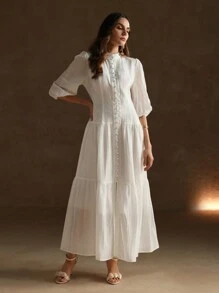 Anewsta 优雅复古白色镂空宽松编织女式连衣裙长款女装 - 白色 - 查看 6