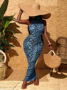 Slaydiva 女士豹纹无袖网眼连衣裙