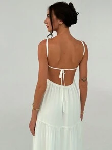Aloruh White Romantic Vacation Dating Spaghetti Strap Ruched Waist Umbrella Dress With Backless Tie For Women, Spring & Summer - White - View 4