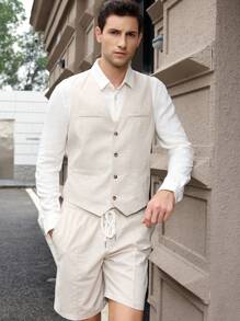 Manfinity VCAY Herren 2-teiliger Anzug aus ärmellosem Jacquard-Weste und Shorts, mit V-Ausschnitt und Knopfleiste. Geeignet für Business oder Lässig Kleidung im Frühling und Sommer