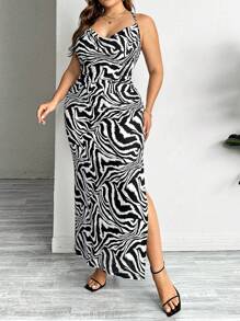 SHEIN Privé Váy Spaghetti dây đeo sọc ngựa vằn thời trang cỡ lớn dành cho nữ - Đen và trắng - Xem 3