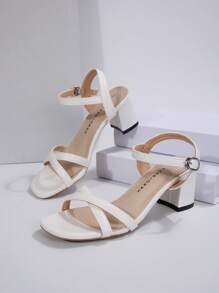 Women's Comfortable White High Heel Sandals, Wedding Shoes, Summer Shoes, Chunky Heels - White - View 4
