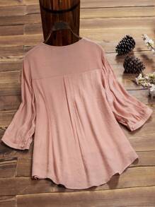 Linhara 夏季加大花朵刺绣灯笼袖衬衫