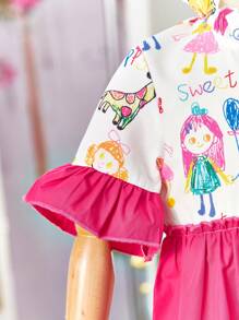 年輕女孩休閒可愛的粉色膝長連衣裙，襯托著褶邊領口，有趣的手繪卡通塗鴉圖案和不對稱拼接設計，在夏秋季節，生日禮物，派對或家庭旅行等場合非常適合穿著 - 玫紅色 - 查看 4