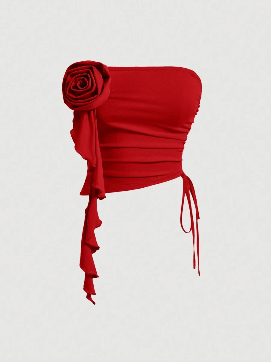 SHEIN MOD 抽绳侧褶立体花朵短款抹胸，女士休闲贴花，褶皱露肩修身红色纯色女式上衣，春夏，派对/夜总会服装 - 紅色 - 查看 1