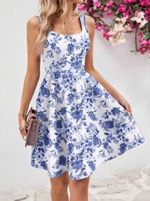 SHEIN Clasi Vestido de línea A con escote cuadrado azul y blanco para mujer con bolsillos - Azul y blanco - Ver 1