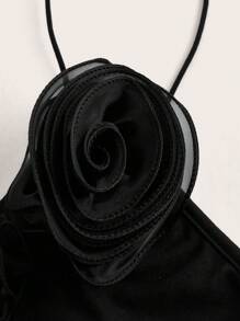 SHEIN ICON Y2k 性感紧身花卉蕾丝连体衣，镂空领口，正面花朵装饰，高开叉高腰紧身衣夏季海滩装 - 黑色 - 查看 4