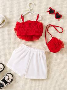 SHEIN 3pcs Baby Girls' Spring/Summer Outfit Set, Including Spicy Pink Flower Printed Top, Cross-Body Bag & Casual Wear With Interesting Prints, Cute And Elegant - Red - View 2