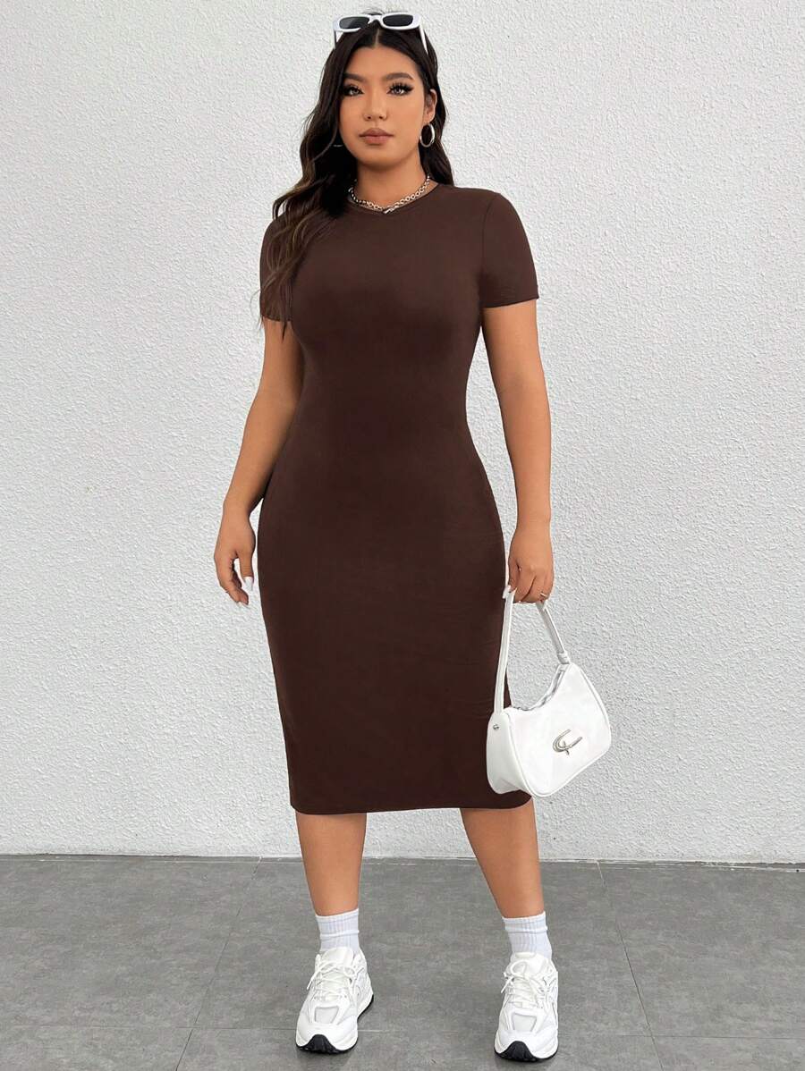 SHEIN EZwear 大尺碼女士夏季純色圓領短袖針織緊身休閒連衣裙 - 咖啡棕 - 查看 1
