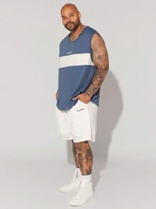 EASEVO 2pcs/Set Men's Plus Size Casual Knitted Letter Patchwork Sleeveless Top And Shorts Set, Mid-Waist Straight-Cut, Suitable For Summer, Daily Wear - Multicolor - View 6