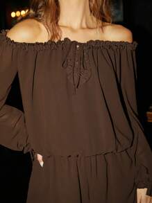 Forever 21 棕色露肩休閒長袖雪紡連身褲 - 棕色 - 查看 3